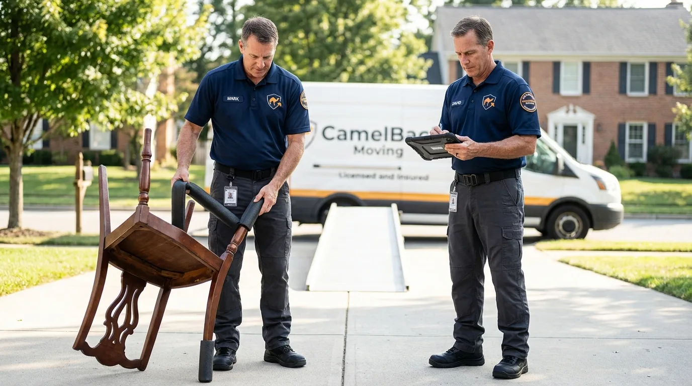 Movers inspecting furniture for damage prevention before loading in Kittanning, PA
