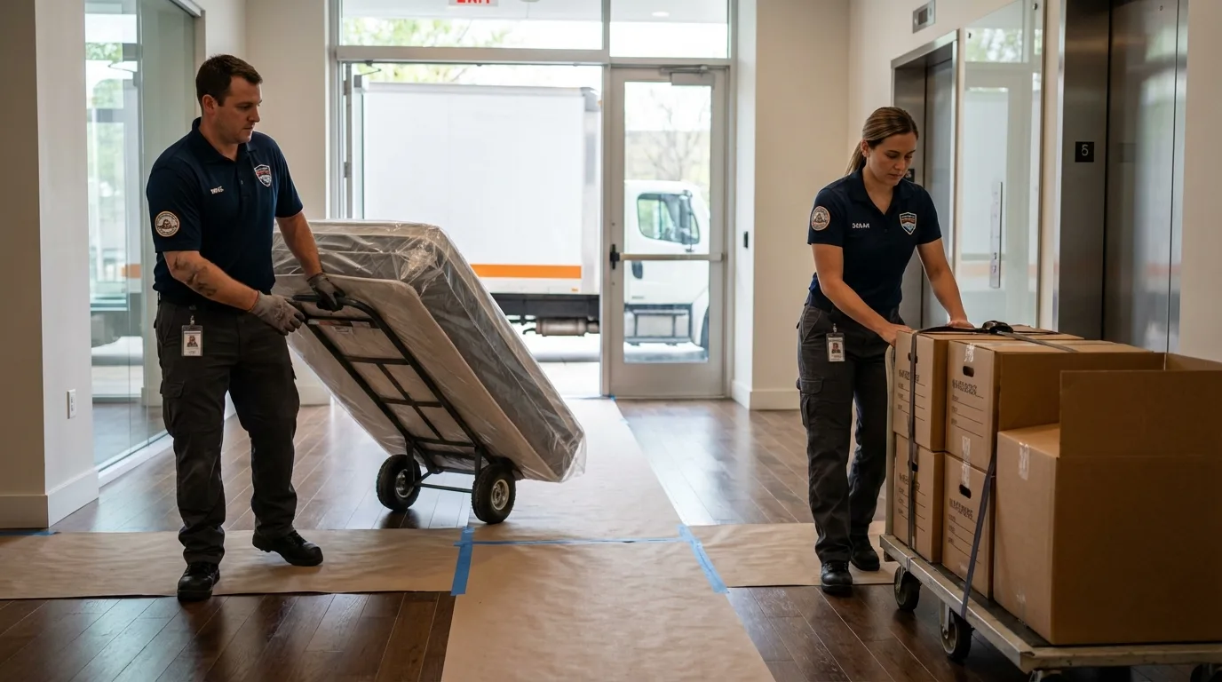 Professional apartment movers loading elevator in Kittanning, PA