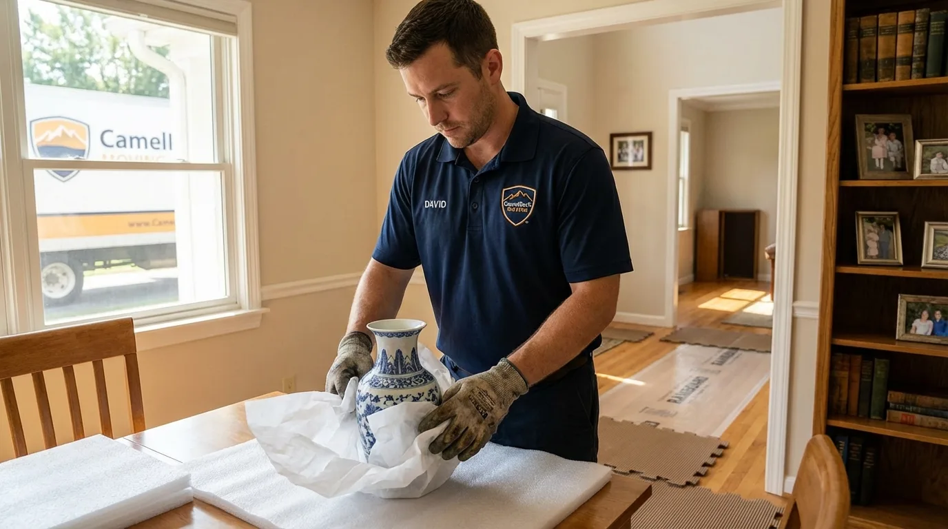 Professional crew carefully wrapping antique vase for senior downsizing move in Kittanning, PA